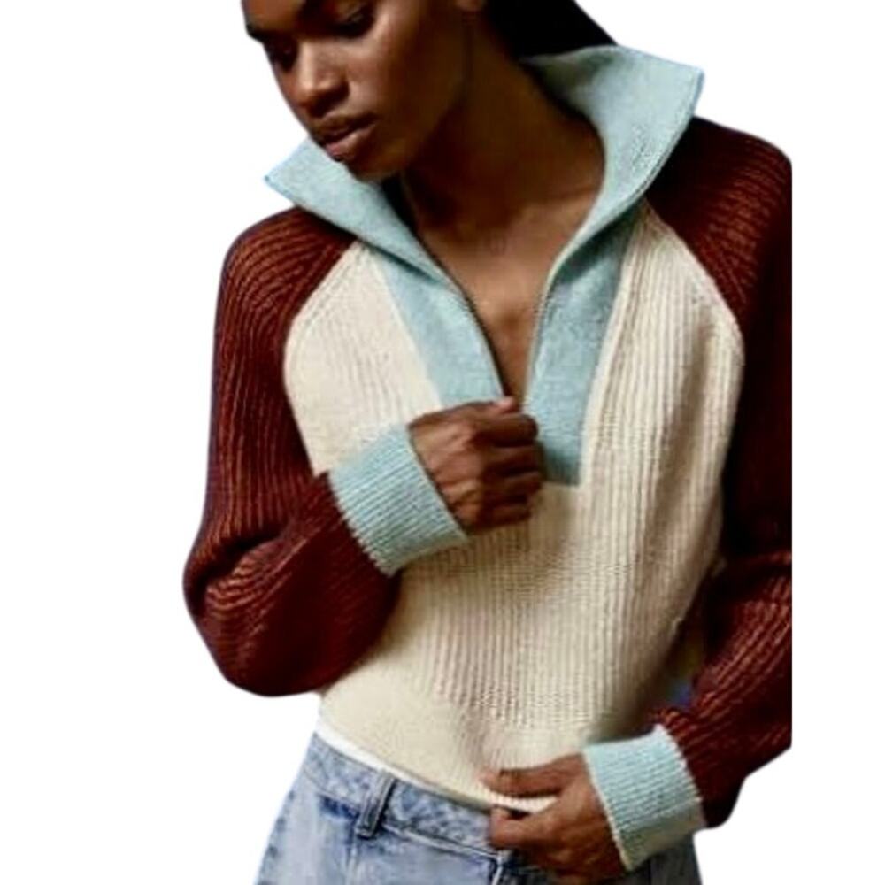 BDG Jeans Cropped Ribbed Knit 1/4 Zip Sweater Pullover Color Block Retro Indie